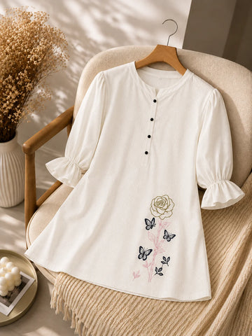 Women’s White Butterfly Rose Embroidered Cotton Shirt