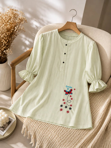 Women’s White Butterfly Rose Embroidered Cotton Shirt
