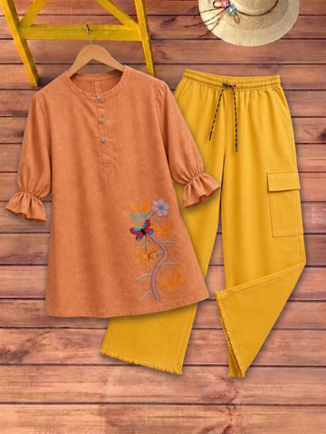 Butterfly Embroidered Top with Cargo Trousers