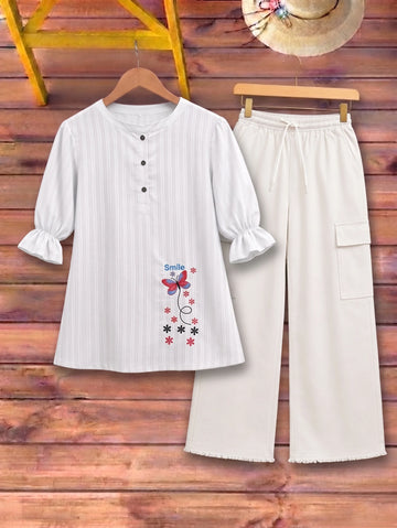 Butterfly Embroidered Top with Cargo Trousers