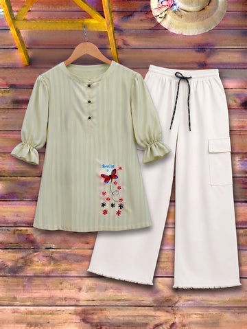 Butterfly Embroidered Top with Cargo Trousers