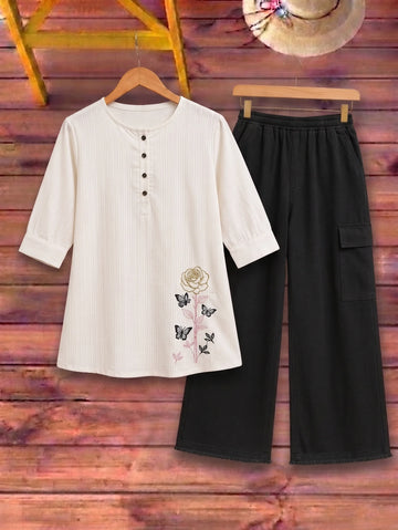 Butterfly Embroidered Top with Cargo Trousers