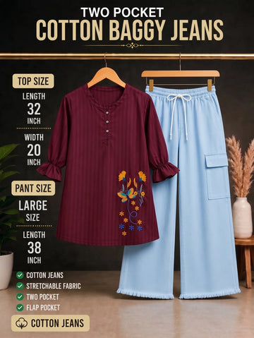 Butterfly Embroidered Top with Cargo Trousers