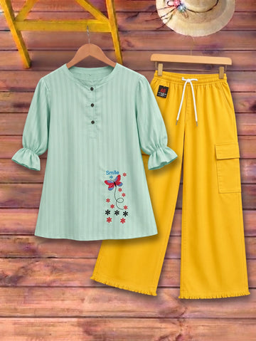 Butterfly Embroidered Top with Cargo Trousers