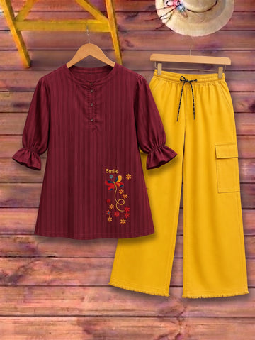 Butterfly Embroidered Top with Cargo Trousers