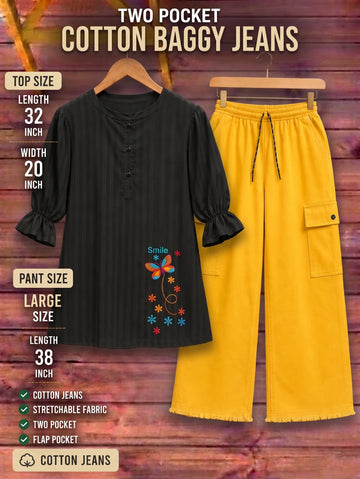 Butterfly Embroidered Top with Cargo Trousers