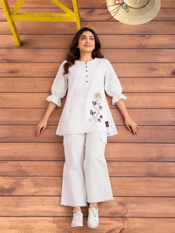 Butterfly Embroidered Top with Cargo Trousers