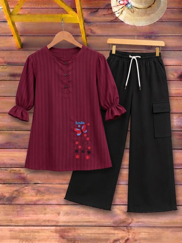 Butterfly Embroidered Top with Cargo Trousers