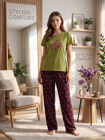 Women's  T-Shirt & Print Trouser Set – 2-Piece Nightwear