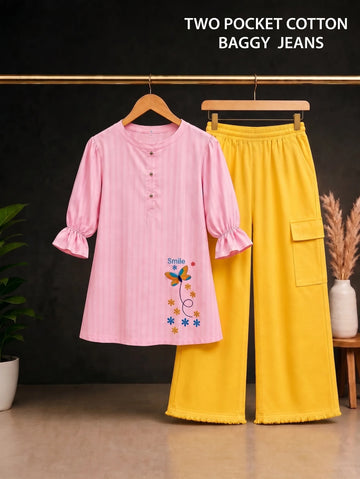 Butterfly Embroidered Top with Cargo Trousers
