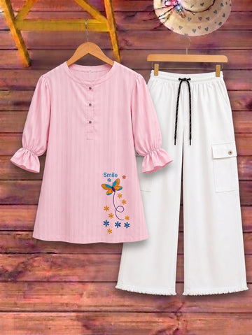 Butterfly Embroidered Top with Cargo Trousers