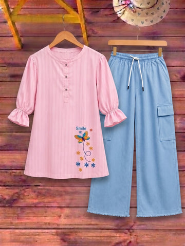 Butterfly Embroidered Top with Cargo Trousers