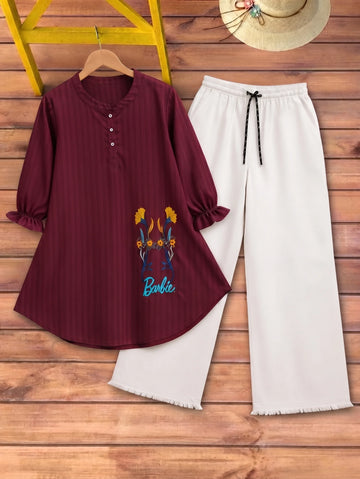 Butterfly Embroidered Top with Cargo Trousers