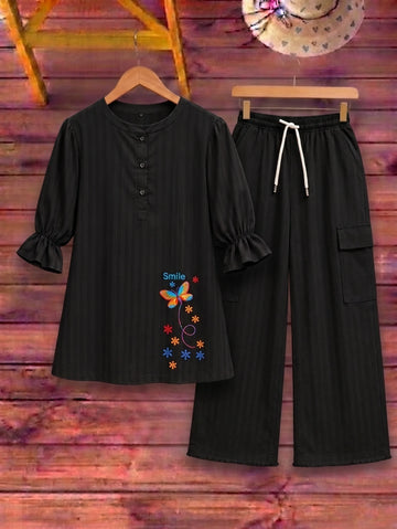 Butterfly Embroidered Top with Cargo Trousers