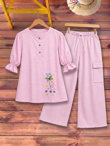 Butterfly Embroidered Top with Cargo Trousers
