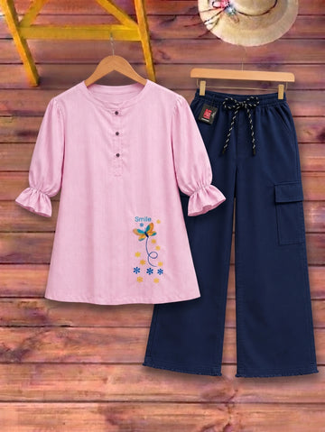 Butterfly Embroidered Top with Cargo Trousers