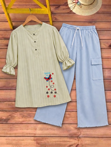Butterfly Embroidered Top with Cargo Trousers