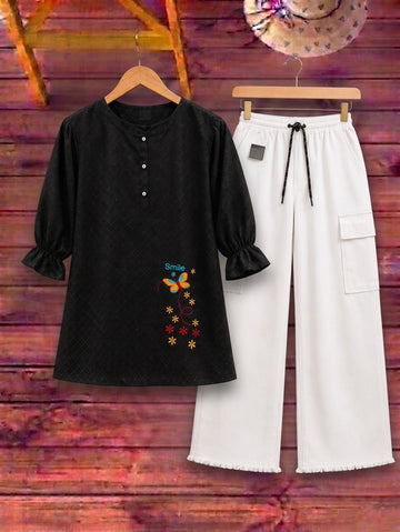 Butterfly Embroidered Top with Cargo Trousers