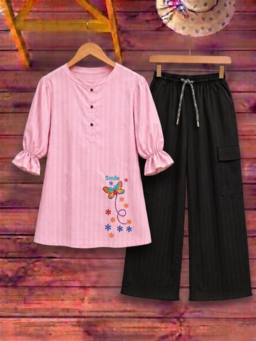 Butterfly Embroidered Top with Cargo Trousers
