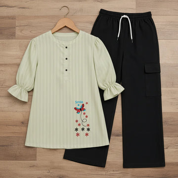 Butterfly Embroidered Top with Cargo Trousers